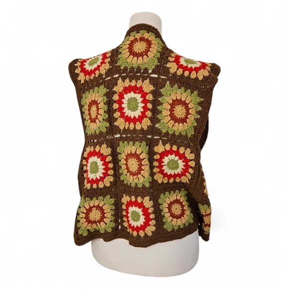 Crochet Granny Square Vest Brown Multi Color Floral Boho Design OS - Picture 2 of 9